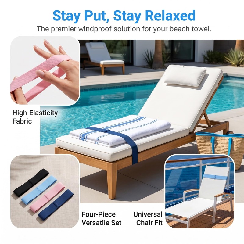 Kemay Beach Towel Clips for Sun Loungers, Elastic Towel Bands