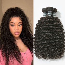 ASHINE Human Hair Bundles Deep Curly Water Wave, Unprocessed Cambodian Raw Hair 16 18 20 Inch, Flip Over Quick Weave Wet and Wave Bundles for Women Natural Black