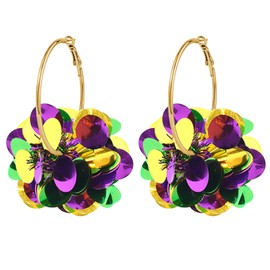 Dreuyet Colorful Mardi Gras Earrings for Women Glitter Carnival Theme Mask Feather Earrings Shiny Big Ball Fireworks Hoop Earrings Charm Fleur De Lis Dangle Earrings Gifts (Round)