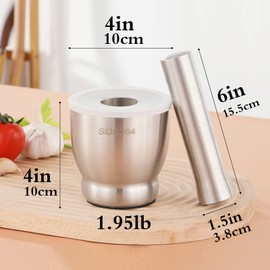 Locci Mortar and Pestle Set, Molcajete Bowl, Pill Grinder Guacamole Muddler and Bowls Herb Pesto Spice Crusher, 18/8 Stainless Steel (Small-4inches)