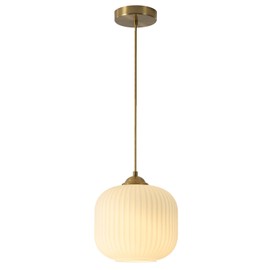 Flyrose Gold Milk Glass Pendant Light Antique Brass Hanging Light Small White Pendant Lights Kitchen Island Vintage Ribbed Glass Ceiling Light Mid Century Modern Dining Room Pendant Lighting