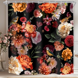 MESHELLY Vintage Boho Floral Shower Curtain 72Wx72H Black Orange Peony Flower Birds Bathroom Curtain Watercolor Plants Leaves Blossom Bath Curtain Cloth Fabric Bathroom Accessories Decor with 12 Hooks