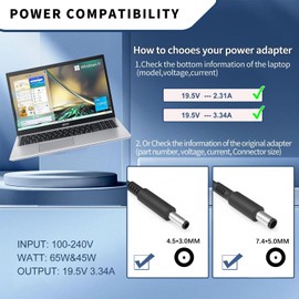65W Dell Laptop Ladekabel Netzteil Ladegerät für Dell Inspiron 17 15 14 13 11 7000 5000 3000 Series 3505 3793 N5110 5559 5567 Latitude 3410 3420 3510 3520 E5470 7390 7490 Vostro 14 15 3000 3558 5468