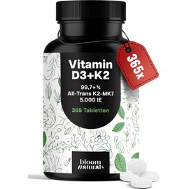Vitamin D3 K2 5000 IU High Dose - 365 Tablets - Premium 99.7+% All-Trans K2-MK7 - Produced in Germany