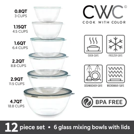 COOK WITH COLOR 12 Pc Glass Mixing Bowl Set with Lids – Borosilicate Glass Nesting Bowls for Cooking, Baking and Meal Prep, Gray