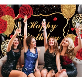 8x6Ft Red Rose Birthday Backdrops for Women Glitter Gold Balloons Black Gold Happy Birthday Photography Background Sweet Birthday Party Decor Supplies