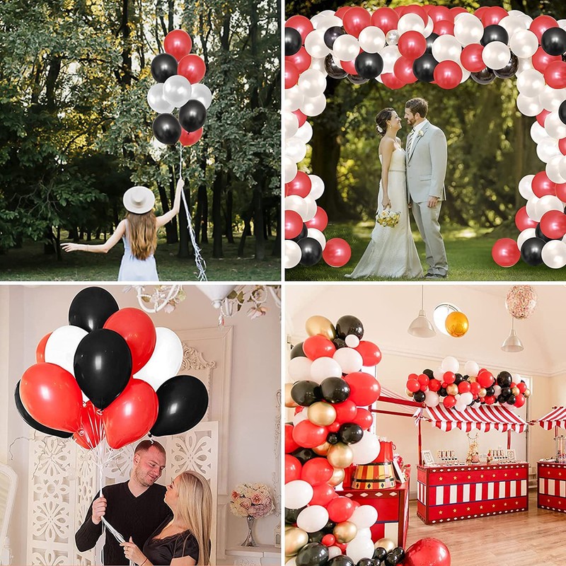 12" Latex Vibrant White, Red, Black Colour Combination Plain Balloons