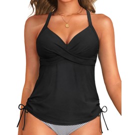 Black Tankini Swim Tops for Women - V Neck Bathing Suit Top No Bottom Swimsuit Tops 2025 L