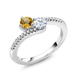 Gem Stone King 925 Sterling Silver Yellow Citrine Bypass Ring For Women (0.50 Cttw, Gemstone November Birthstone, Round 4MM, Available In Size 5, 6, 7, 8, 9)