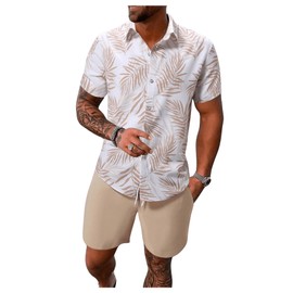WDIRARA Men's Hawaiian Matching Set Summer Beach 2 Piece Outfits Tropical print Shirts and Shorts Khaki Large