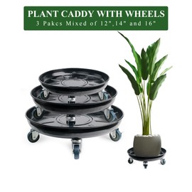 AyaLight Metal Heavy Duty Plant Caddy Round Flower Pot Mover, 3 Pack Mixed of 12", 14" and 16" Rolling Plant Stand with Wheels, Indoor Outdoor Plant Dolly with Casters Planter Tray, Black