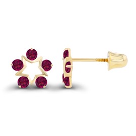 Solid 14K Yellow Gold 1.75mm Round Created Red Ruby July Birthstone Star Screwback Stud Earrings For Women | 7mm Open Star | 14K Gold Natural or Created Screwback Earrings For Women