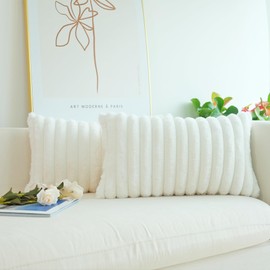 JOJUSIS Pack of 2 Faux Fur Plush Decorative Throw Pillow Covers Couch Cushion Case Soft Pillowcases (White, 12 x 20-Inch)