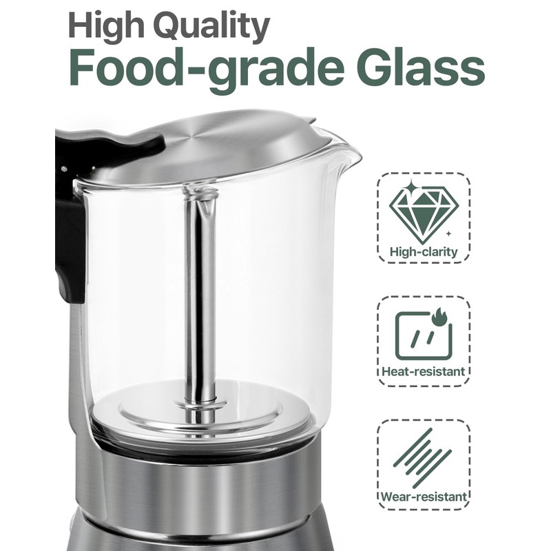 Grasseed Crystal Glass-Top Moka Pot, Brushed Stainless Steel Stovetop Espresso