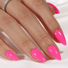 SXVME Hot Pink Press On Nails Almond - Acrylic Press On Nails Medium Stiletto, Opaque Solid Fushia Fake Nails with Glue, Fit Perfectly, Reusable Soft Gel Stick on Nails for Women, 24 Pcs