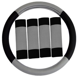 FH Group Car Seat Covers Interior Full Set Accessories Travel Master Car Accessories for Cars VANS Trucks and SUV - Airbag and Split Rear Gray Combo One Steering Wheel Cover, & Four Seat Belt Pads