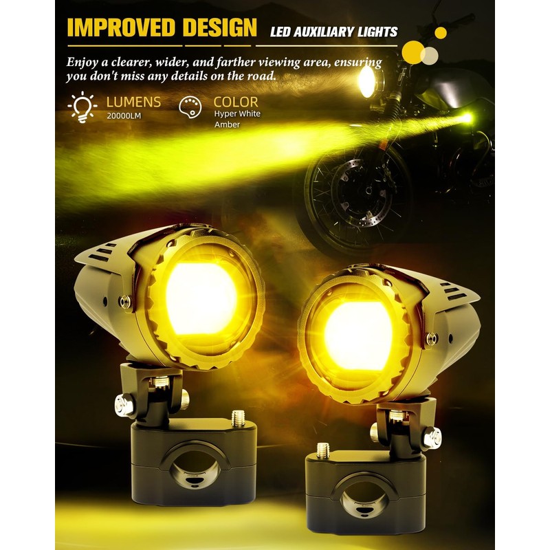 BraveWAY 60W 20000LM Motorcycle Fog Lights, LED Motorcycle Auxiliary Lights,