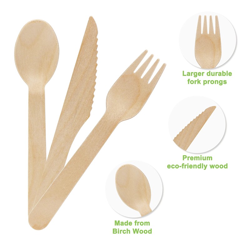 EXZACT Disposable Wooden Cutlery 150 Pieces Recyclable Party Forks and