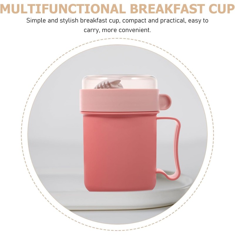 Taza de Desayuno Multiusos con Tapa y Cuchara, Rosa Plástico