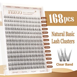 FEEGO Natural Lash Extension Kit 168Pcs Lash Clusters Kit Wispy Eyelash Extensions Individual Lashes Extensions with Bond and Seal Lash Glue and Eyelash Extension Tweezers DIY (8-14 MM(Only Lash))