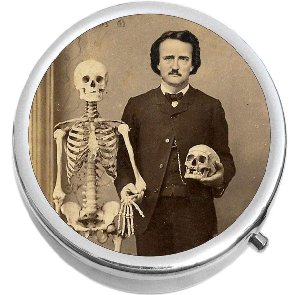Edgar Allan Poe with Skull Medicine Pill Box - Portable Pillbox case fits in Purse or Pocket