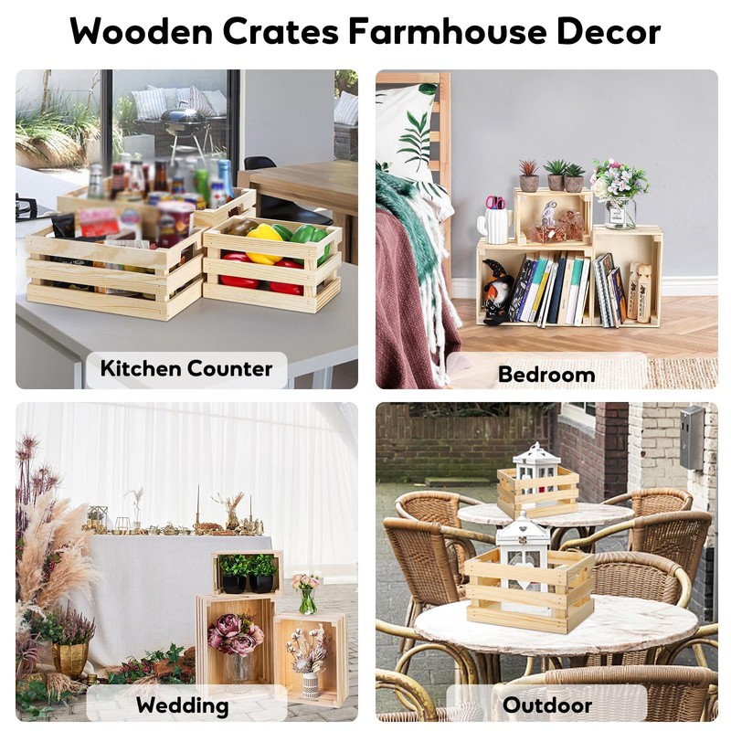 Youeon Set of 3 Rustic Wooden Nesting Crates with Handles,