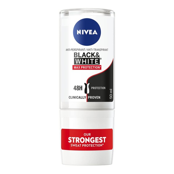 NIVEA Black & White Max Protection (50 ml), Deodorant for Women, Antiperspirant Roll On to Reduce White Stains, Women's Deodorant Maximum Protection, 48h Protection