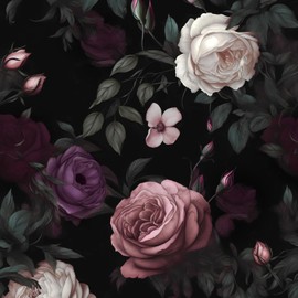 Fvlow Dark Flower Wallpaper Peel and Stick Vintage Pink Rose Contact Paper 17.4" x 393" Black Floral Waterproof Self-Adhesive Wall Covering for Bedroom Countertop Desk Cabinet