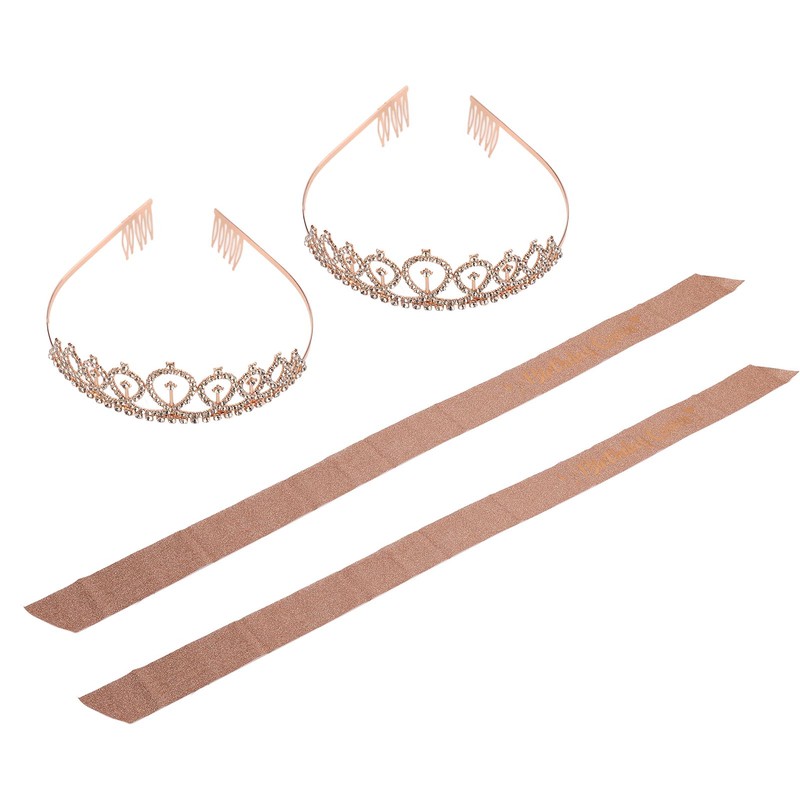 2 Sets Bridal Sash Rhinestone Tiara Kit Shiny Rose Gold