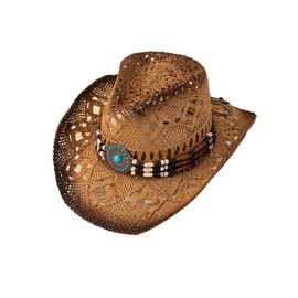 QWINEE Ombre Bead Decor Hollow Out Cowboy Hat Straw Cowboy Cowgirl Hats Summer Beach Sun Hat for Women Men Khaki one-Size