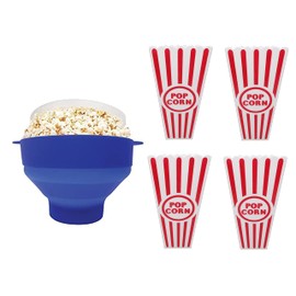 Microwave Popcorn Popper with Lid And 4 Vintage Style Popcorn Buckets - Silicone Popcorn Maker - Collapsible Popcorn Bowls - BPA-Free Popcorn Container - Movie Night Supplies (blue)