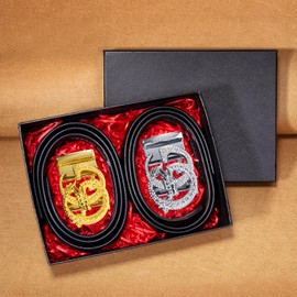 Barry.Wang Mens Ratchet Belt 2 Pack Buckle Gift Set Dress Belts Leather Slide Strap Automatic 1 3/8" Wedding Business, Gold and Silver, 130cm,for pants 48"and below,trim to fit