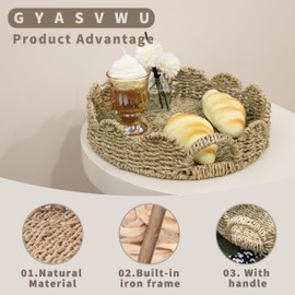 GYASVWU Seagrass Scalloped Tray with Handles,Round Rattan Serving Trays for Coffee Table,Woven Tray for Ottoman Decorative and Organizer Trays (Seagrass)
