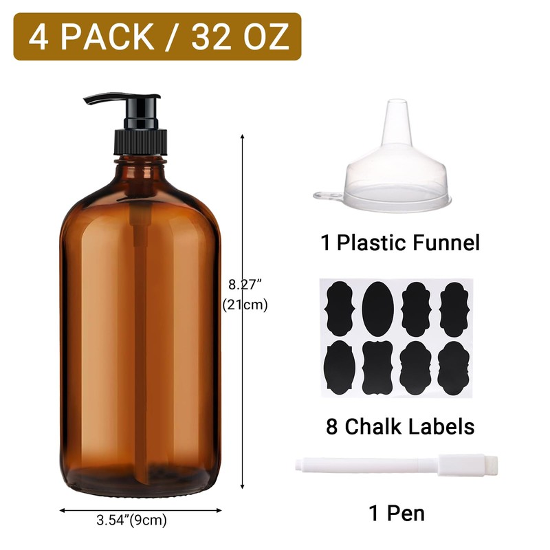 BPFY 4 Pack 32 oz Amber Glass Pump Bottles, Glass