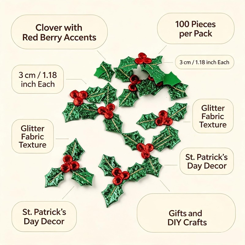 Christmas Holly Decorations, 3cm Green Holly Leaf, Red Berry