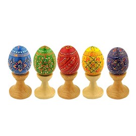 Religious Gifts Set of 5 Ukrainian Wooden Easter Eggs Pysanky on Stands Red Yellow Green Blue Purple 3 1/2 Inch