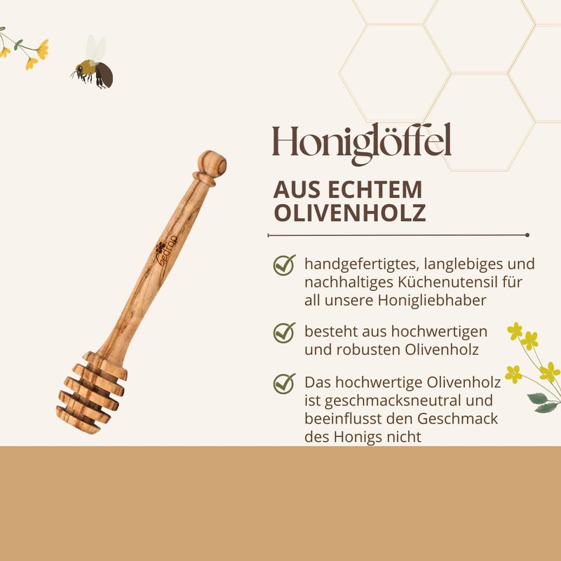 bedrop Honey Spoon Made of Real Olive Wood, 13 cm,