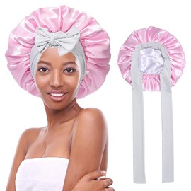 AWAYTR Satin Bonnet Silk Like Bonnets for Sleeping Sleep Cap Double Layer Haircare Bonnet with Elastic Tie Band for Curly Hair Night Cap Pink:_Pink + Grey