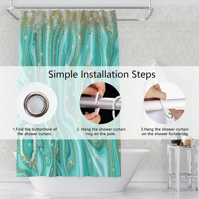 Umpoo Turquoise Marble Shower Curtain 72x78 Inch Abstract Gold Quicksand