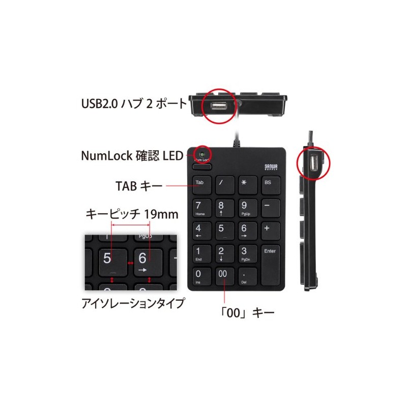 Sanwa Supply NT-18UH2BK Numeric Keypad with USB 2.0 Hub, Black
