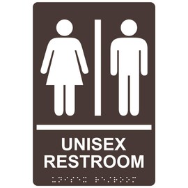 ComplianceSigns.com Unisex Restroom Sign with ADA-Compliant Braille and Raised Letters, 9x6 in. Dark Brown Acrylic with Adhesive Mounting Strips