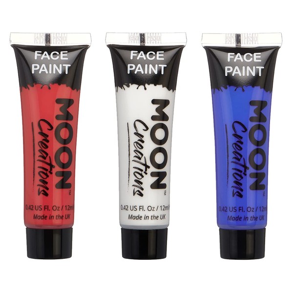 Moon Creations Face & Body Paint Tubes | Coronation King Charles Red, White, Blue Union Jack Set | 12ml | Ready to Use Face Paint | Face Paint for Kids, Adults, Fancy Dress, Festivals, Halloween