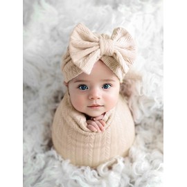 Jastore Baby Infant Swaddle Blankets for Girls 3PCS Newborn Accessories Set with Matching Hat and Bow Headband (Light Khaki, 33"*35")