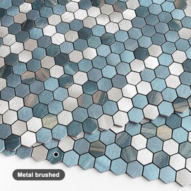BeNice Peel and Stick Backsplash Kitchen Mosaic Tiles Penny Hexagon Small Metal Stickers(5PCS,Blue Stripe)