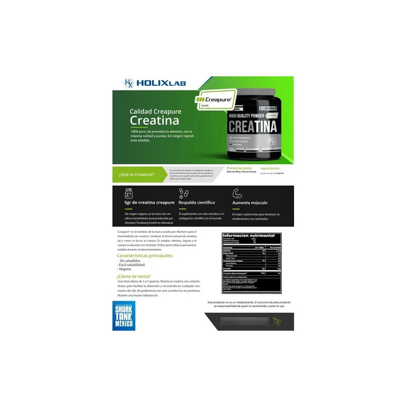 Holix Lab Creatina Monohidratada 500g Creapure Creatine Monohydrate, 100 Servings