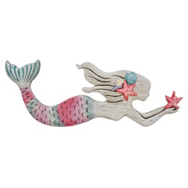 Aecipl Nautical Decor Wood Hanging Mermaid Wall Art Coastal Decorations Distressed Mermaid Sculpture Indoor Outdoor Ocean Beach Themed Decor for Bathroom Patio Swimming Pool (A)