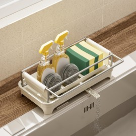 Veklray Large Kitchen Caddy Sink Organizer,Countertop Sponge Holders for Storage with Drain,Rustproof Stainless Steel Sink Rack,Soap Dispenser Storage(8.2" L X 4.3" W X 2.95" H,Cream White)