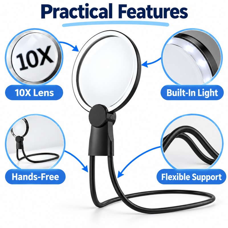 10X Neck Wearing Magnifying Glass, Rechargeable Hands-Free Magnifier for Reading,