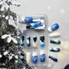24Pcs Christmas Square Press on Nails Blue Medium Length Fake