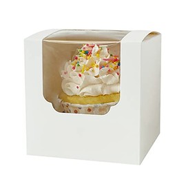 SHALLIVE White Cupcake Boxes Individual 15 Count Pre-Assembled with Window and Inserts, 3.4" x 3.4" x 3.4" Auto-Popup Individual Cupcake Containers for Wedding Baby Shower Mothers Day Birthday